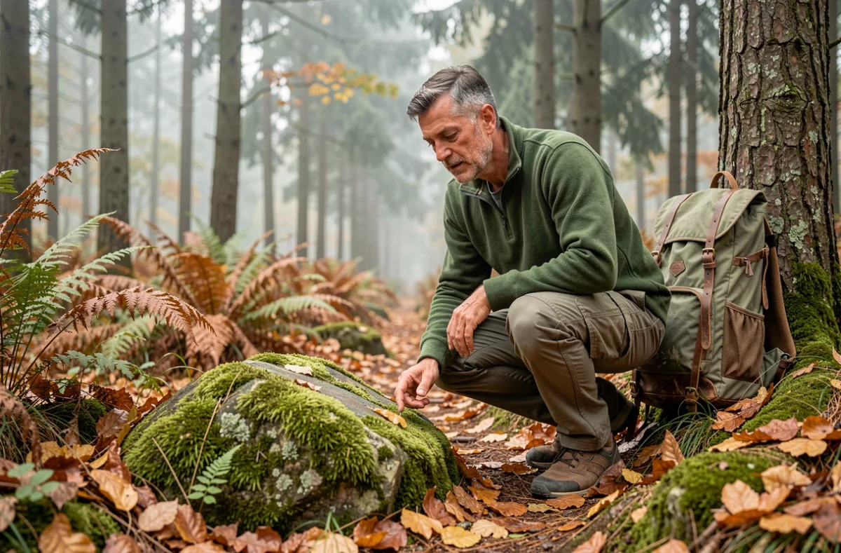 Homme explorant une forêt automnale lors d'une randonnée, activité plein air et loisirs nature tendance
