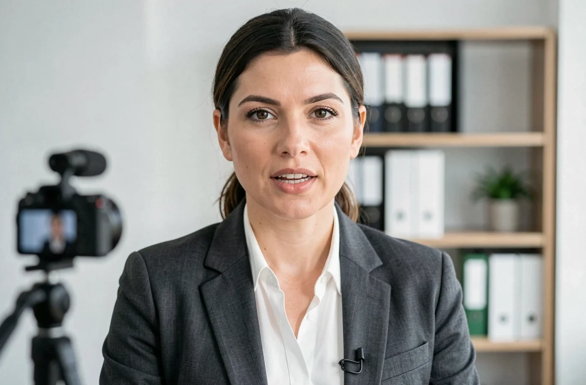 Femme cadre donnant une interview face caméra pour une vidéo d'entreprise professionnelle dans un bureau minimaliste