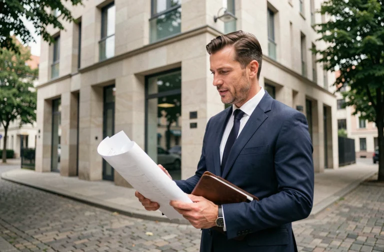 Investisseur immobilier devant un immeuble résidentiel moderne à Luxembourg-Ville