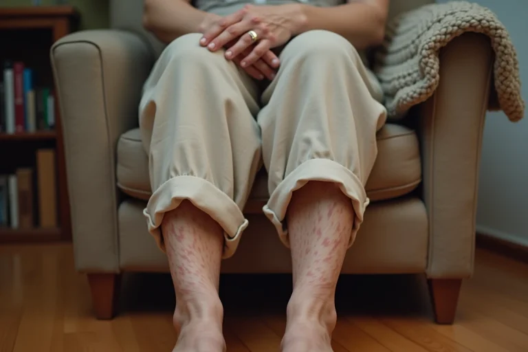 Jambes marbrées d'une femme âgée assise dans un fauteuil, montrant des marbrures cutanées sur les mollets