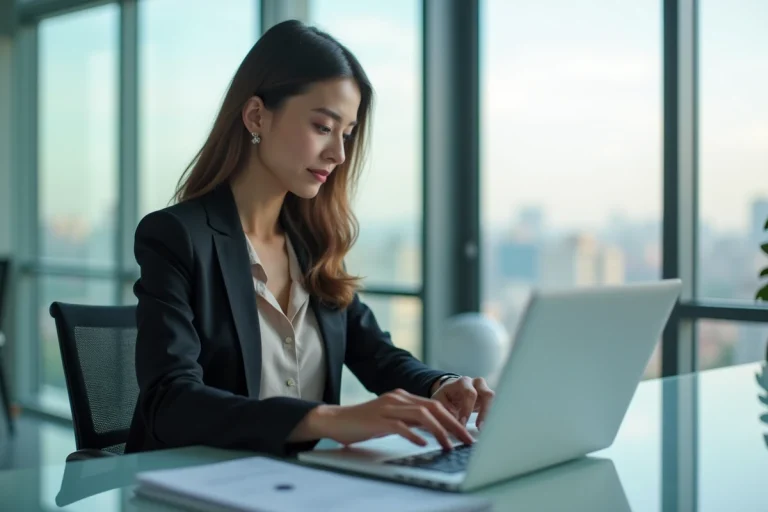 Jeune femme professionnelle travaillant sur un ordinateur portable dans un bureau moderne