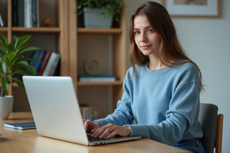 Jeune femme utilisant un ordinateur dans un bureau moderne