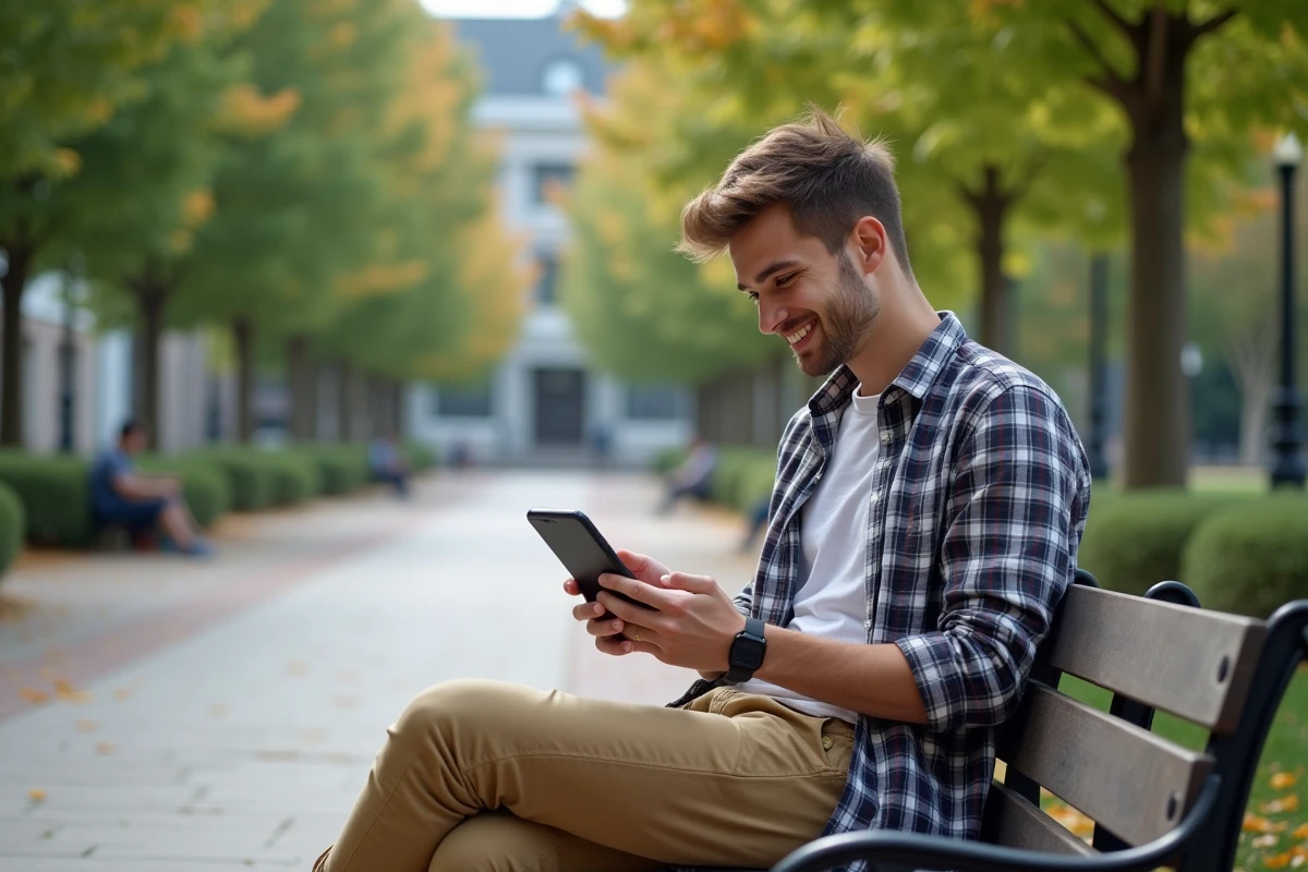Jeune homme avec smartphone en extérieur sur un campus