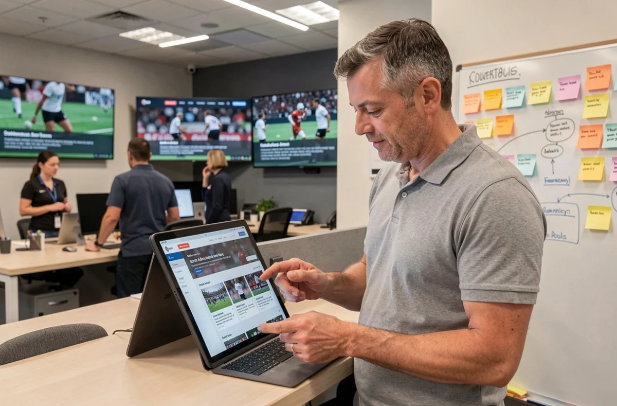Journaliste sportif masculin analysant l'architecture d'un site web dédié aux conseils et à l'actualité sportive dans une salle de rédaction moderne