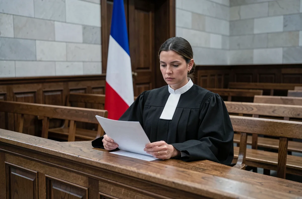 Juge en robe noire examinant un jugement civil dans une salle d'audience française