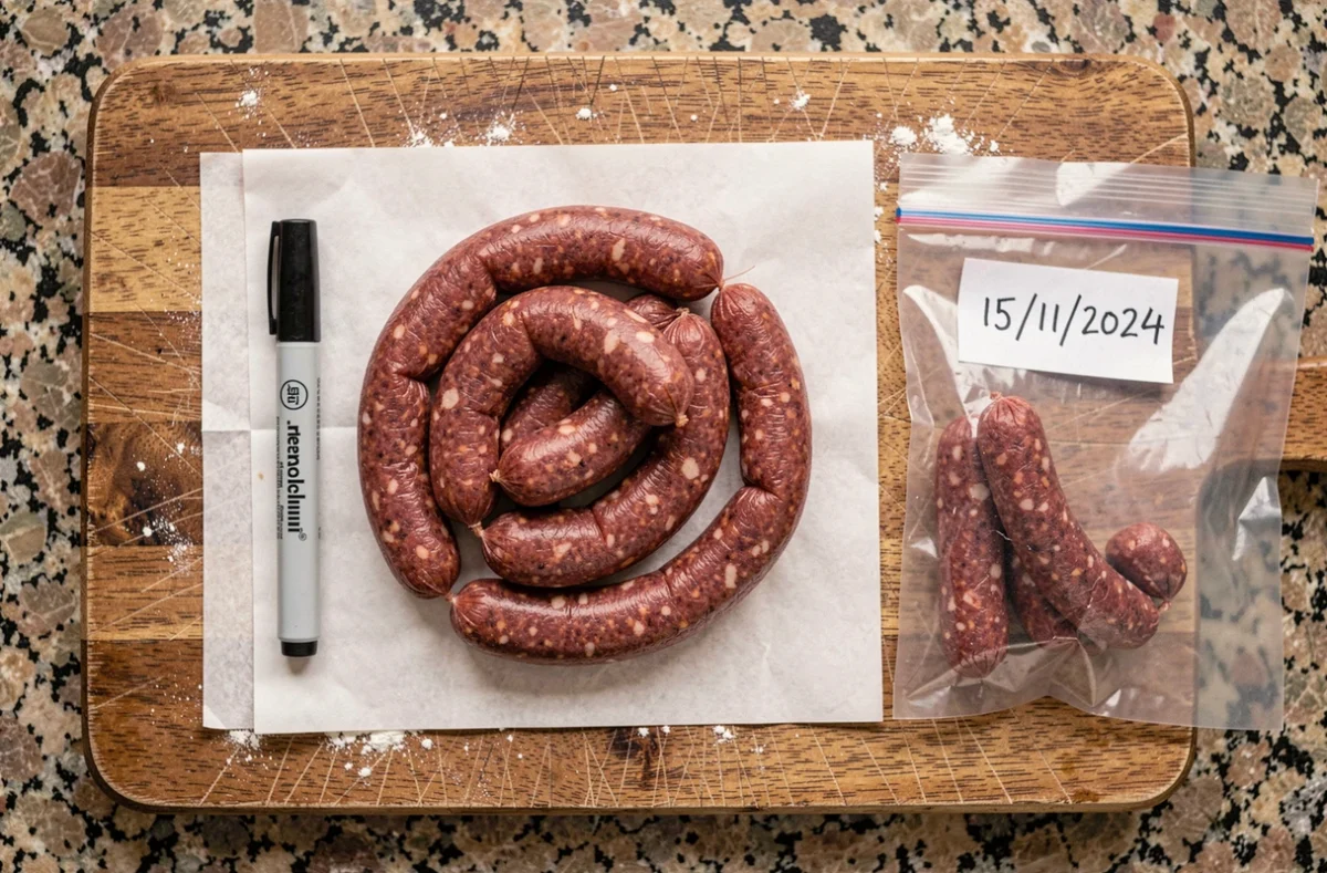 Merguez crues prêtes à être congelées avec une étiquette de date de congélation sur papier boucher