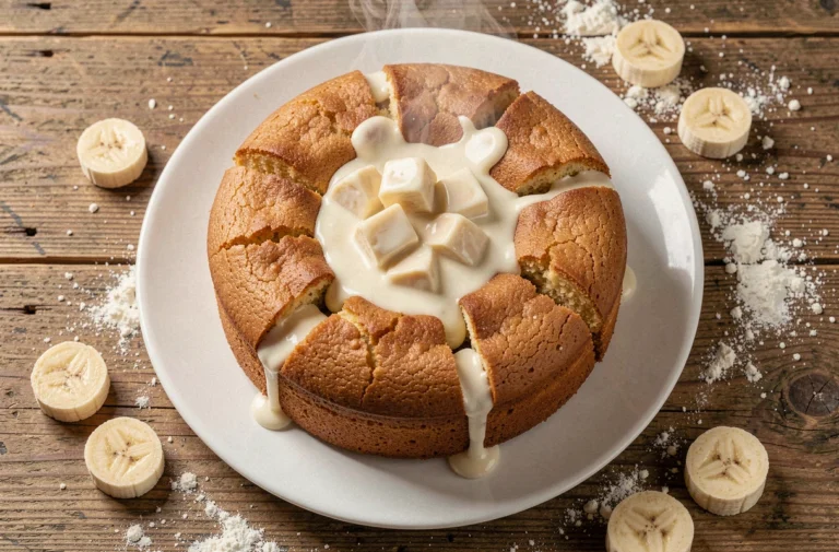 Moelleux à la banane et chocolat blanc sur une assiette en céramique blanche, vue du dessus sur une table en bois rustique