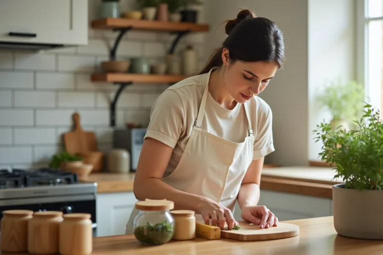 Femme organisant sa cuisine avec des contenants en bois et des herbes aromatiques pour optimiser son espace de vie