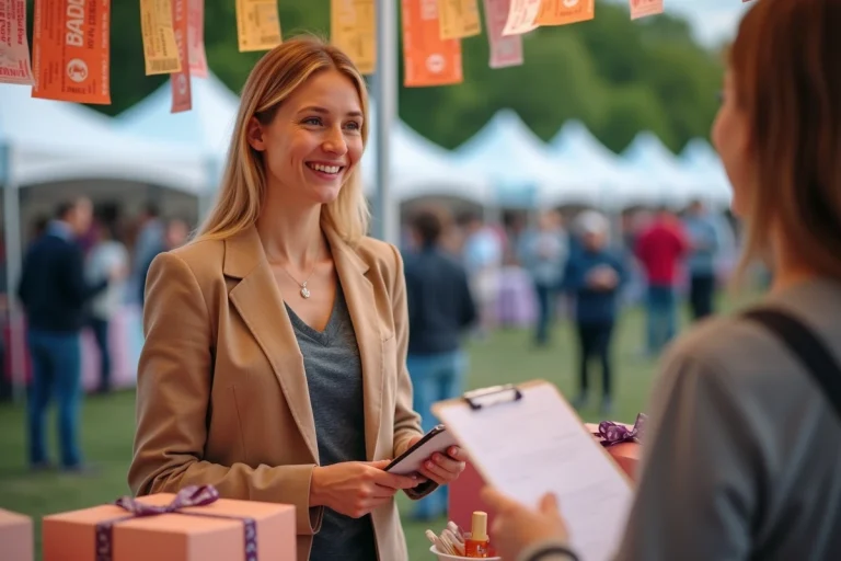 Femme organisatrice de tombola discutant avec un exposant lors d'une foire caritative pour obtenir des lots d'entreprises