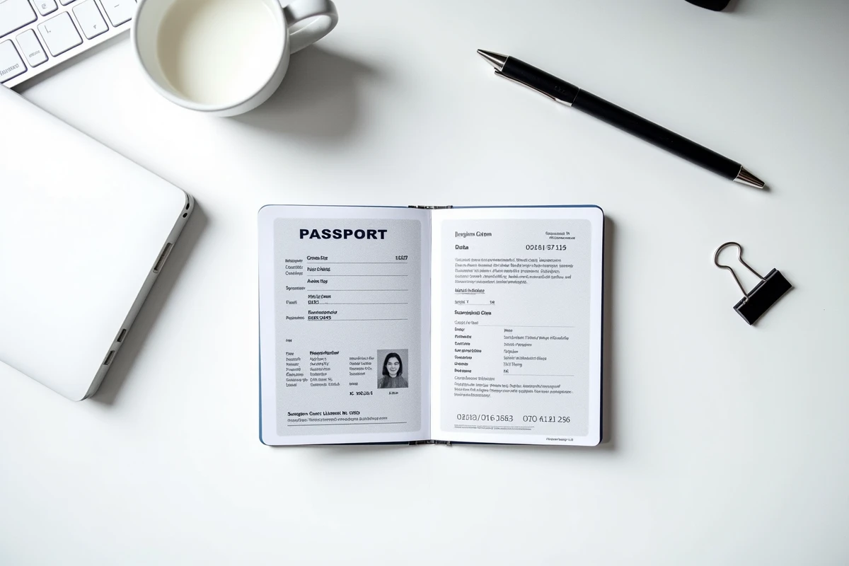 Vue aérienne d'un passeport ouvert et de sa photocopie posés sur un bureau avec un stylo et un trombone
