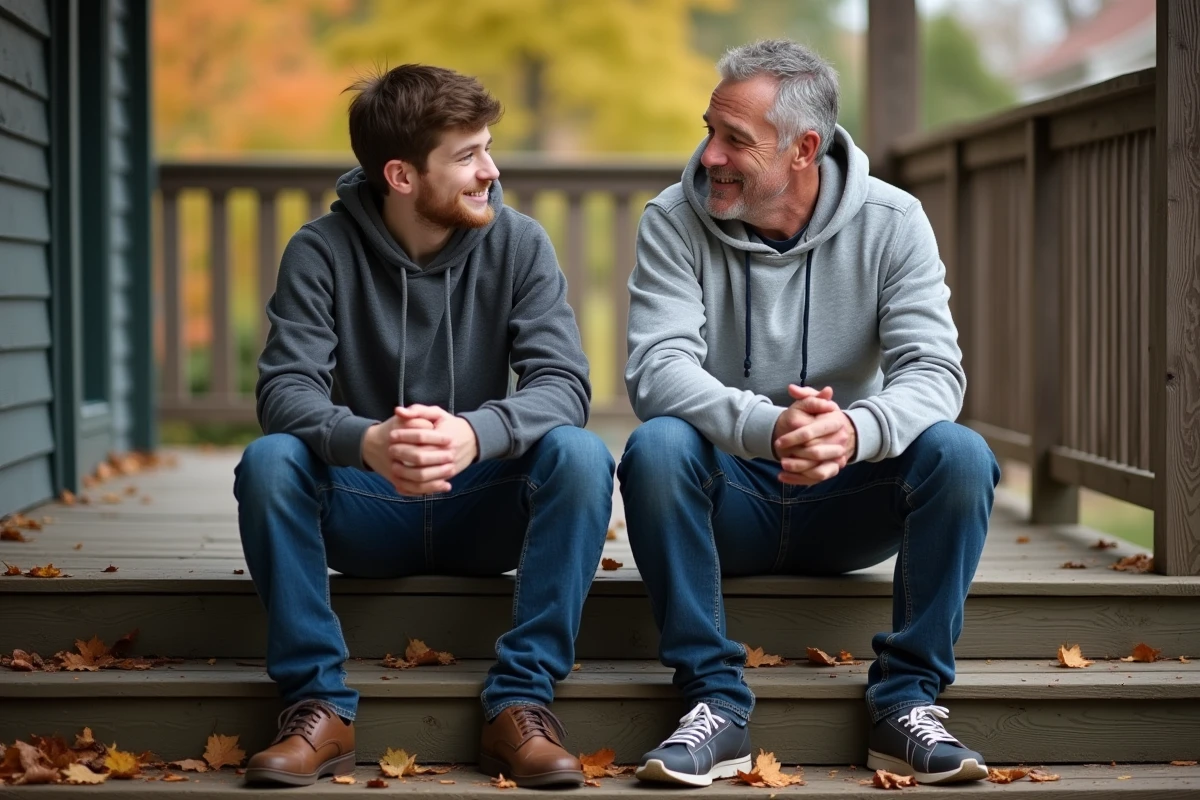Père et fils adulte partageant une conversation sincère assis sur les marches d'un porche en automne