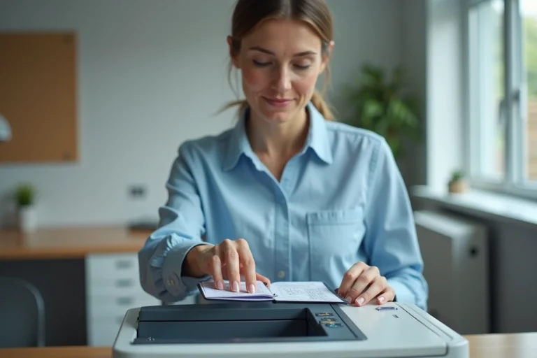 Femme plaçant un passeport ouvert sur une photocopieuse de bureau pour en reproduire la page d'identité
