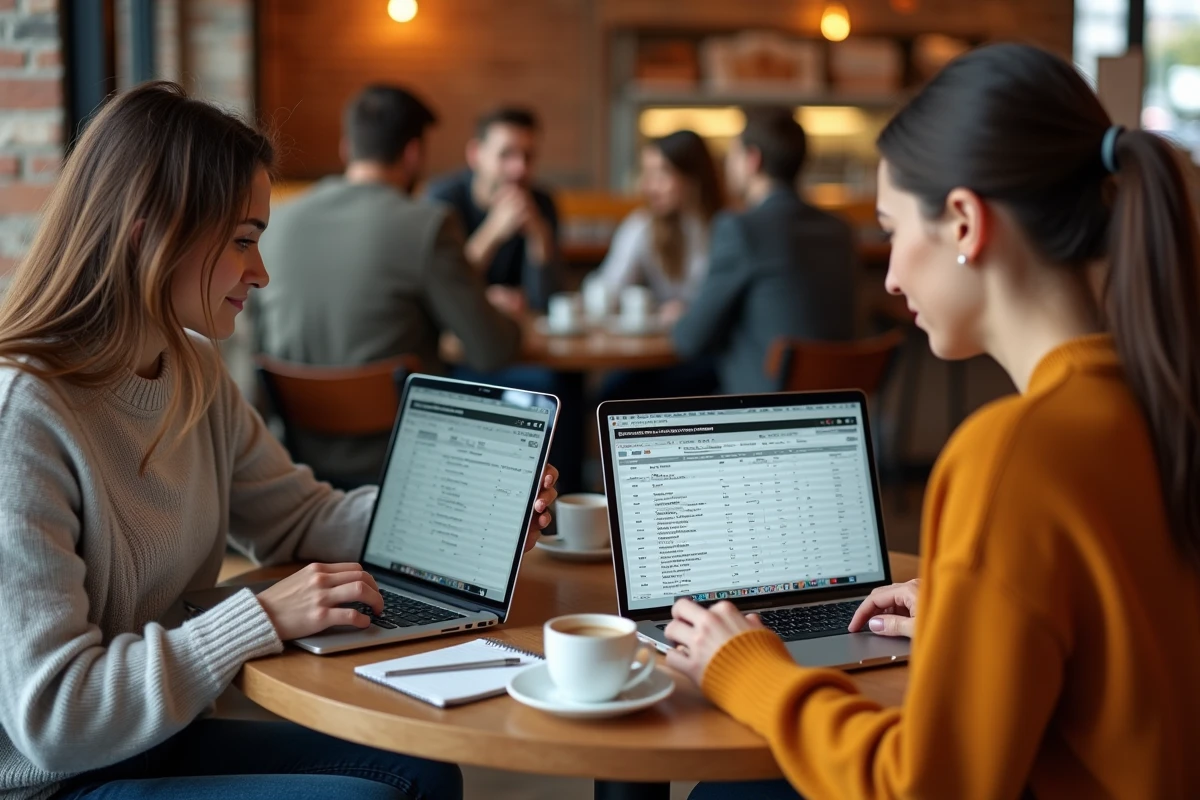 Deux femmes planifiant leur stratégie pour trouver des entreprises donatrices de lots pour une tombola sur leurs ordinateurs portables dans un café