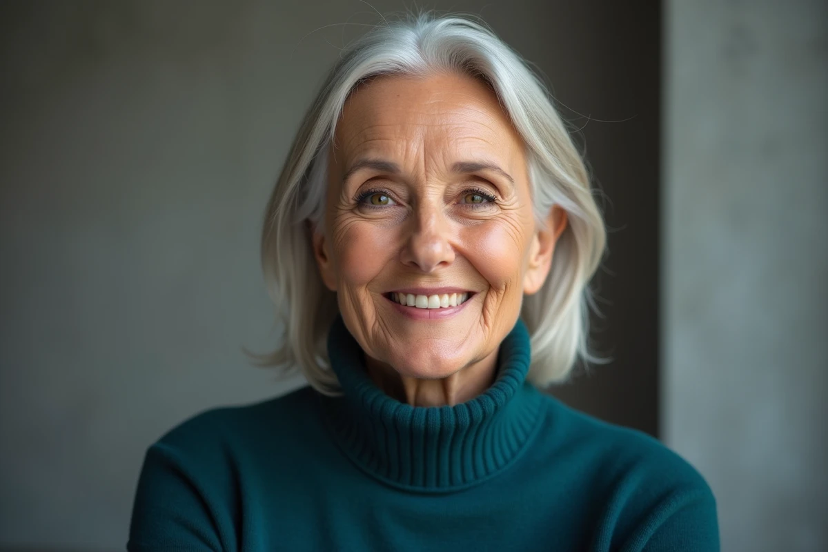 Portrait rapproché d'une femme de 63 ans aux yeux mis en valeur par un mascara bleu marine élégant