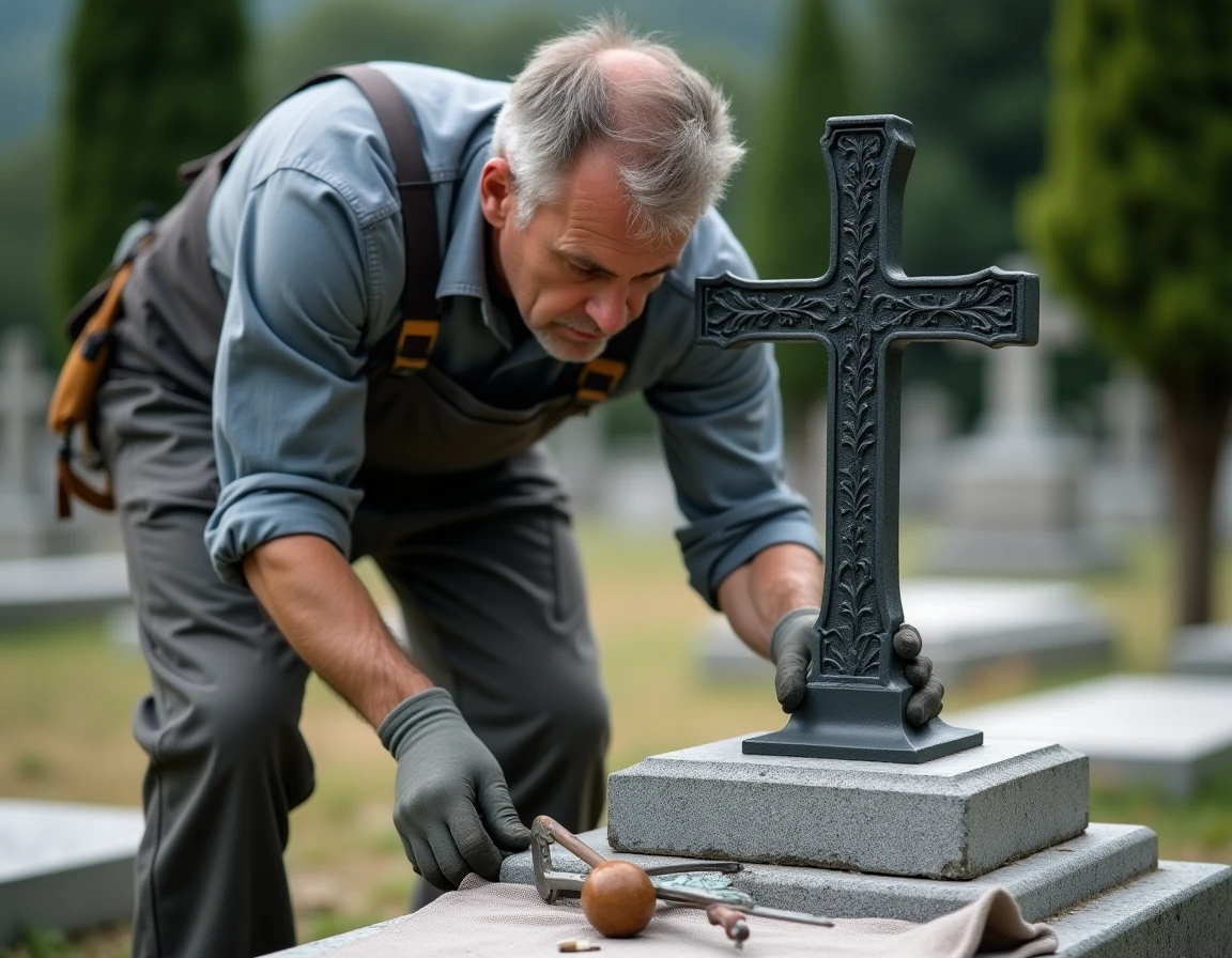 Artisan posant une croix en fer forgé sur une sépulture en granit dans un cimetière