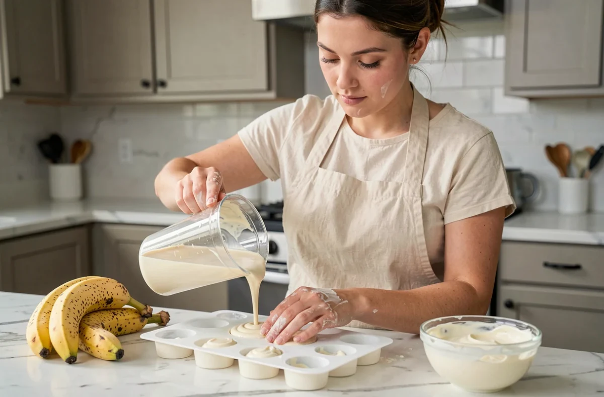 Femme en tablier préparant des moelleux à la banane et chocolat blanc dans une cuisine moderne avec des bananes mûres sur le plan de travail