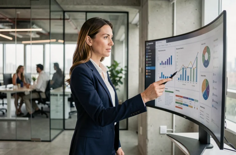 Professionnelle en blazer marine analysant des données sur un écran incurvé dans un bureau moderne en 2024
