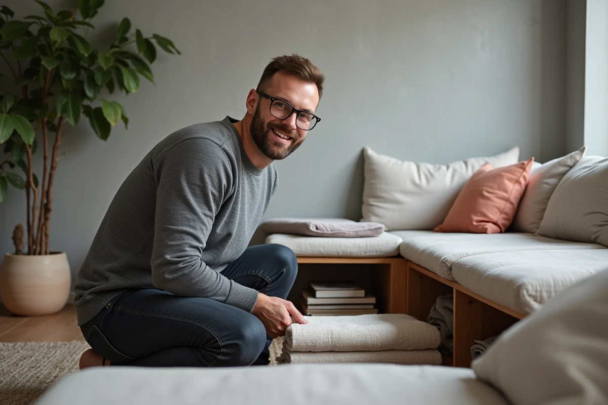 Homme rangeant des textiles et des livres dans un meuble de salon pour améliorer l'organisation de son habitat