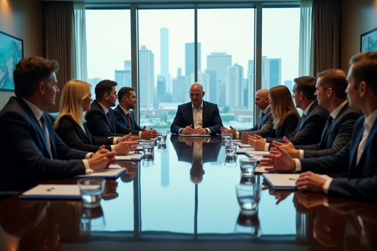 Groupe de professionnels en réunion dans une salle moderne