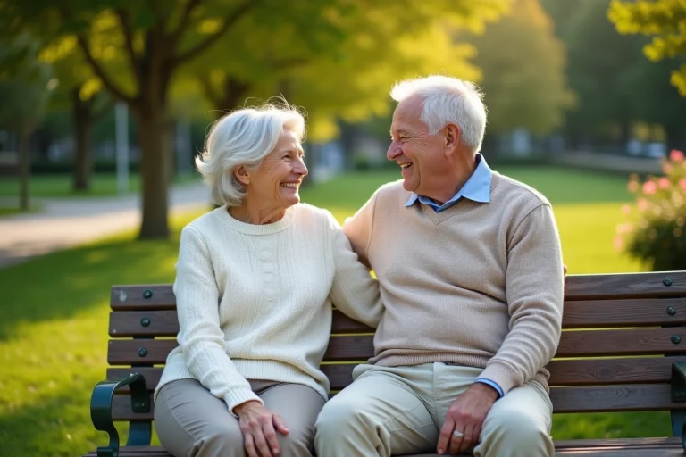 Couple senior souriant dans un parc verdoyant