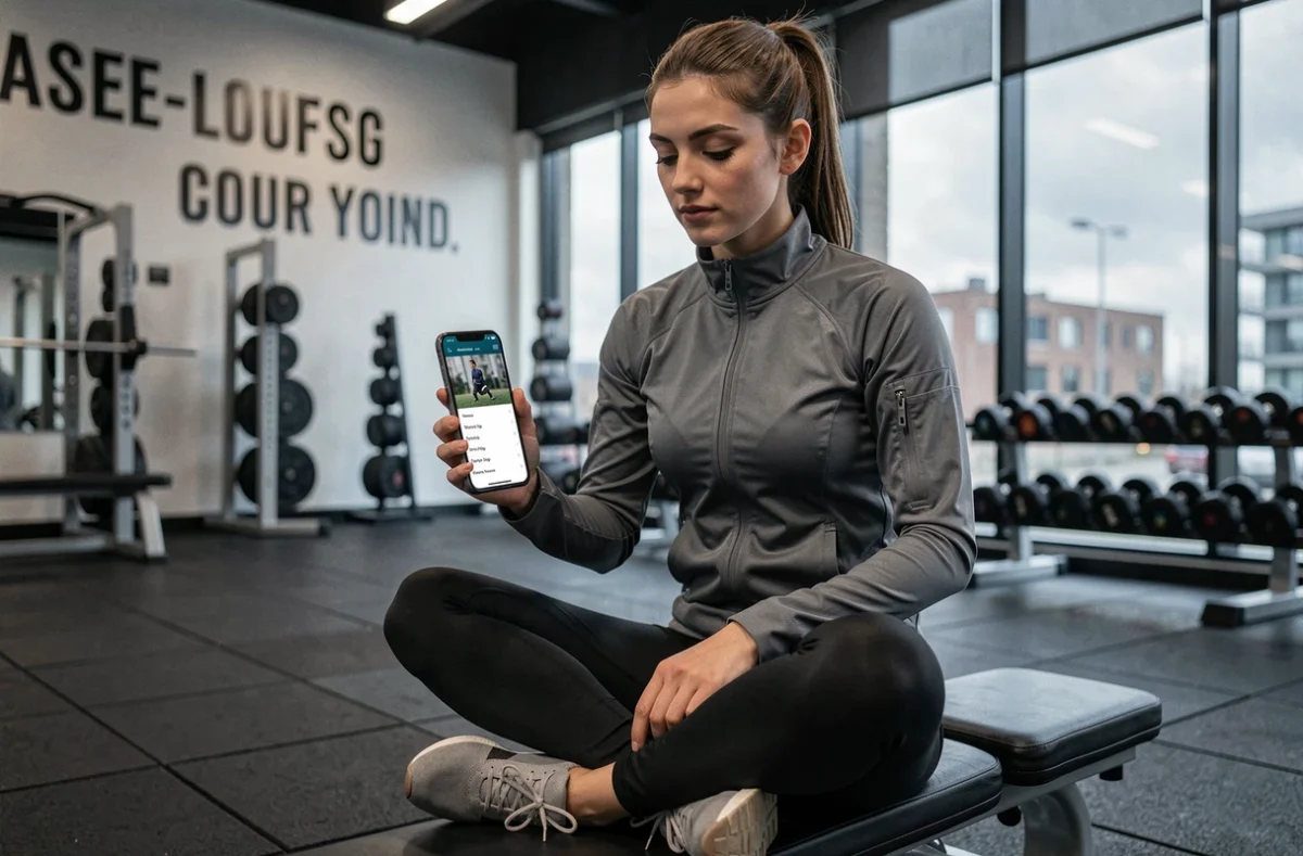 Jeune femme sportive consultant un site web de conseils sportifs bien organisé sur smartphone dans une salle de sport moderne