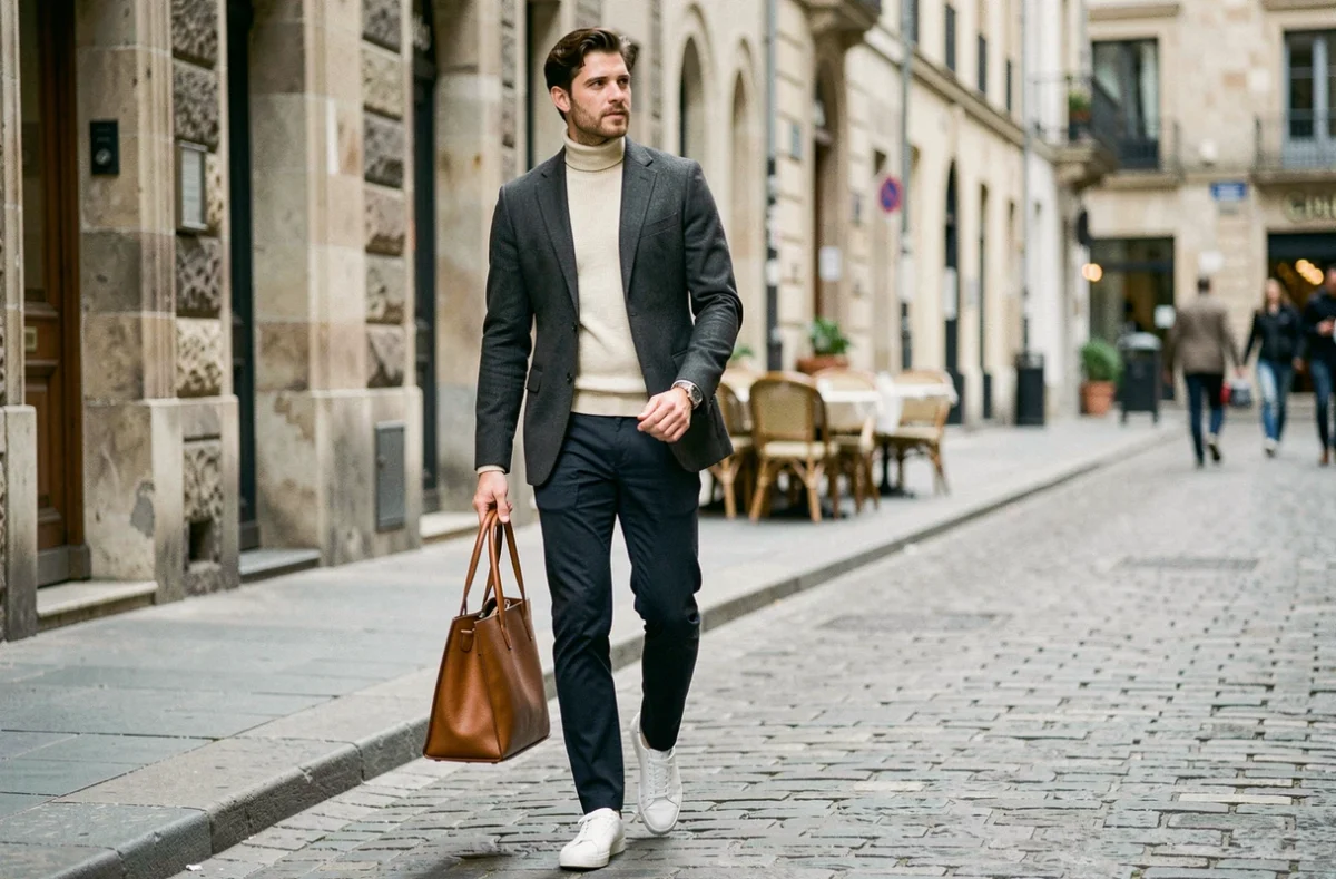 Homme stylé en blazer charcoal et sneakers blanches marchant sur des pavés européens, tendances mode masculine au quotidien