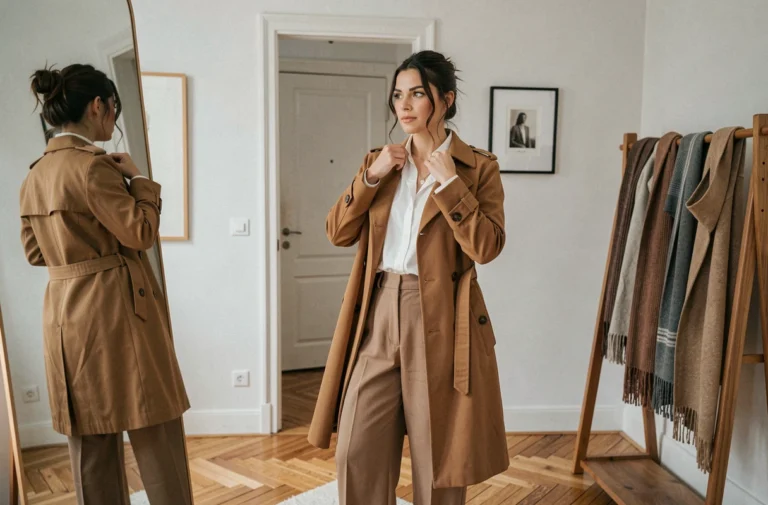 Femme élégante en manteau camel ajusté se regardant dans un miroir dans un appartement parisien minimaliste, illustrant les tendances de style quotidien