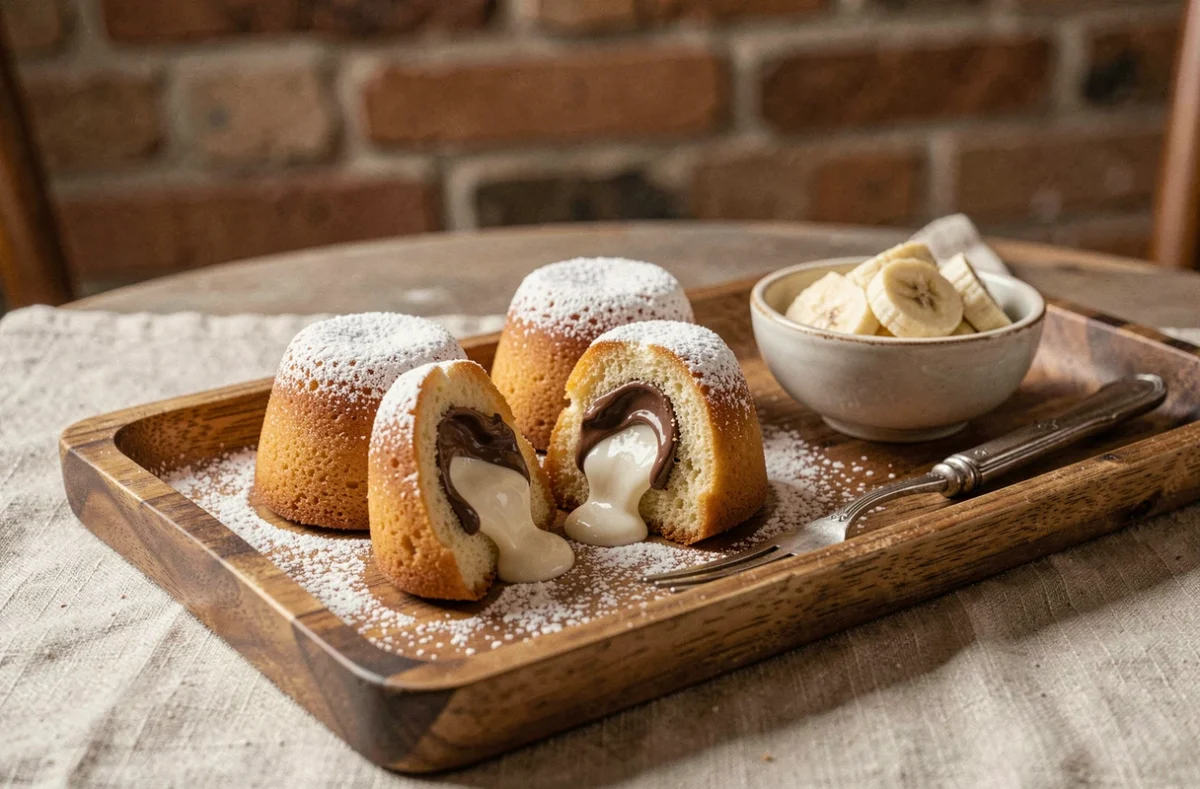 Trio de moelleux à la banane et chocolat blanc sur un plateau en bois rustique, l'un tranché révélant un cœur fondant, dans une ambiance café cosy
