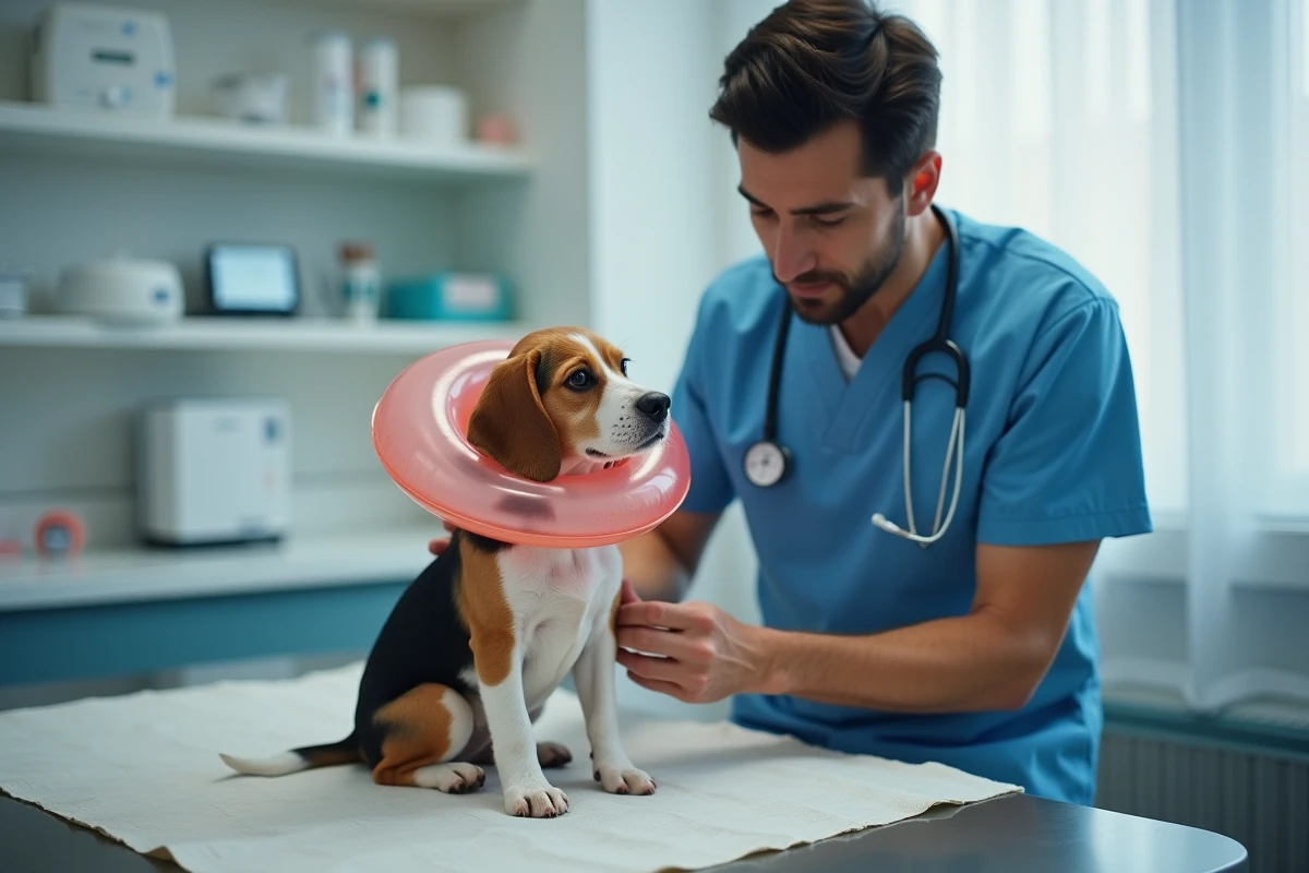 Vétérinaire examinant un beagle avec collerette gonflable sur une table d'examen clinique après une opération