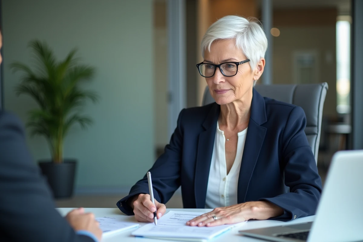 Veuve consultant un conseiller fiscal dans un bureau professionnel pour sa déclaration d'impôts