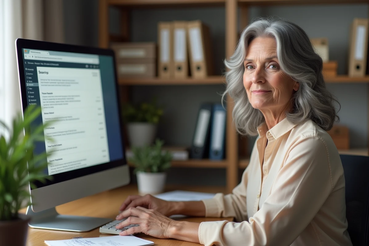 Veuve effectuant sa déclaration d'impôts en ligne depuis son bureau à domicile
