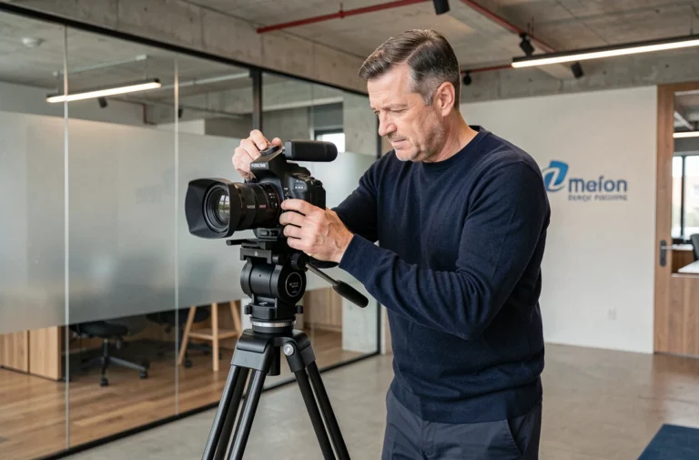 Vidéaste professionnel réglant une caméra cinéma sur trépied dans un studio d'entreprise moderne pour la production d'une vidéo corporate