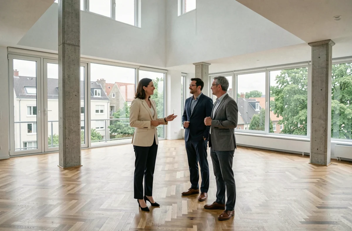Agent immobilier présentant un appartement moderne à un couple d'investisseurs au Luxembourg